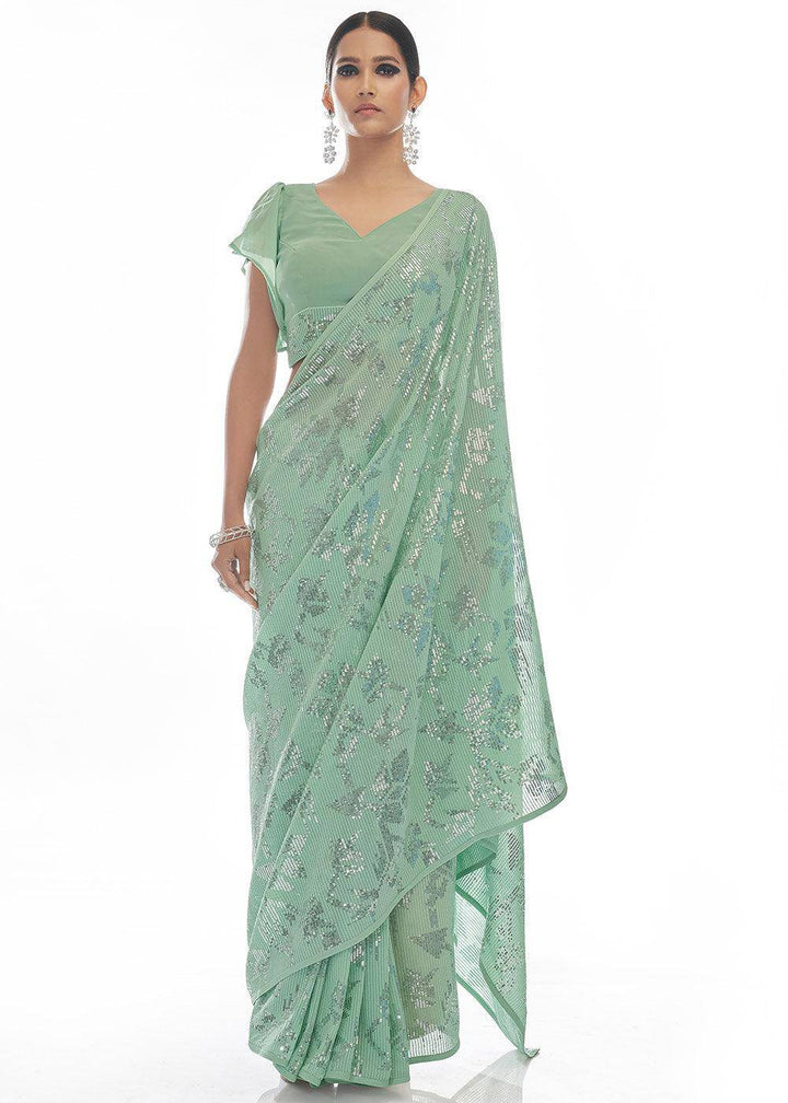 Sea Green Sequins & Thread Embroidered Designer Georgette Saree | Stitched Blouse - qivii