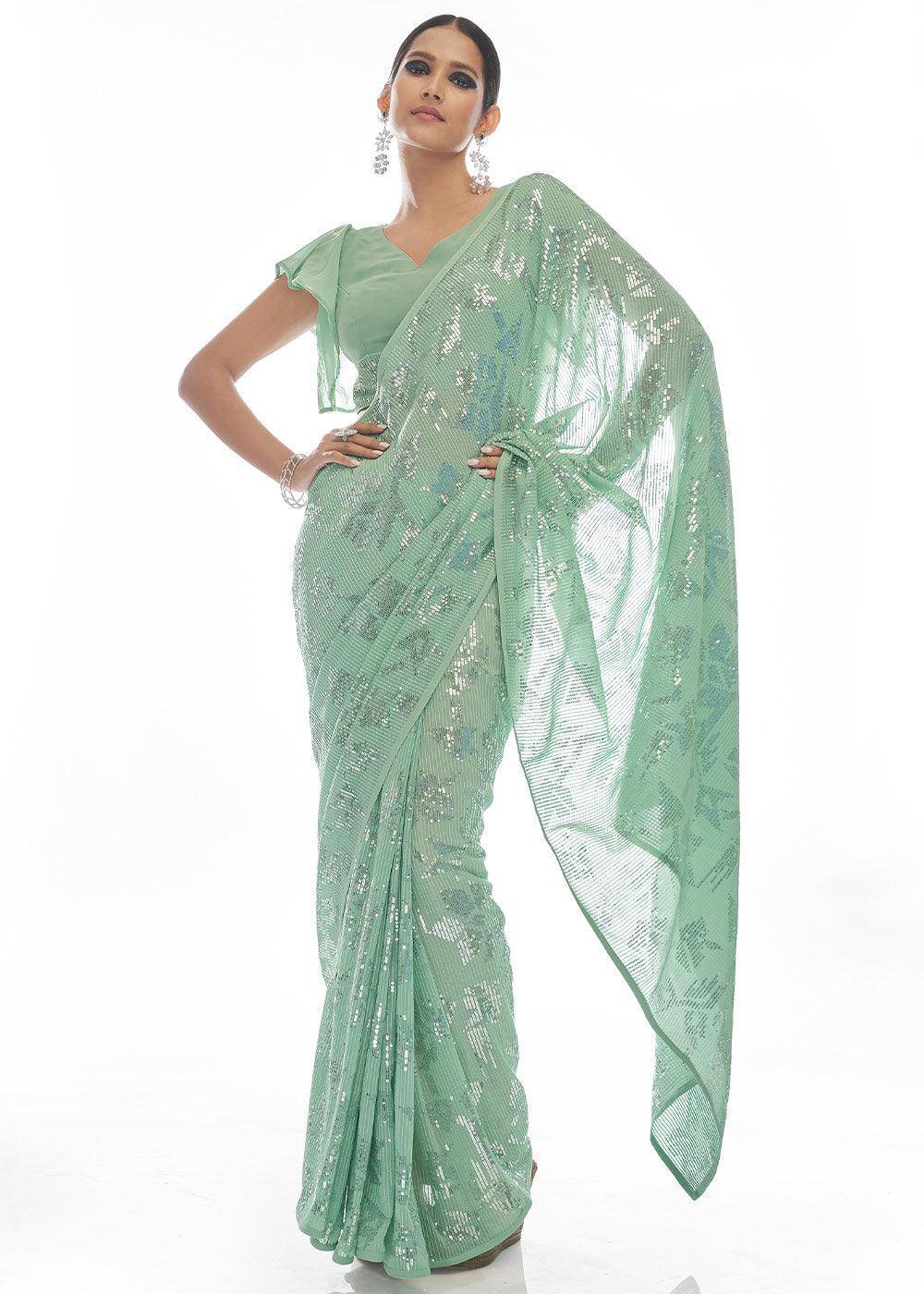 Sea Green Sequins & Thread Embroidered Designer Georgette Saree | Stitched Blouse - qivii