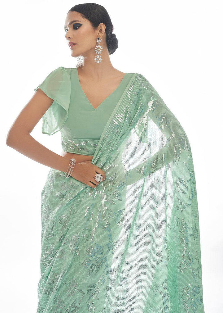 Sea Green Sequins & Thread Embroidered Designer Georgette Saree | Stitched Blouse - qivii