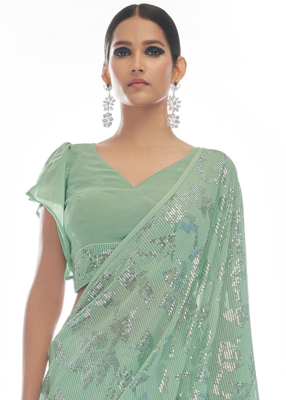 Sea Green Sequins & Thread Embroidered Designer Georgette Saree | Stitched Blouse - qivii