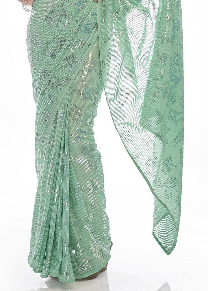 Sea Green Sequins & Thread Embroidered Designer Georgette Saree | Stitched Blouse - qivii