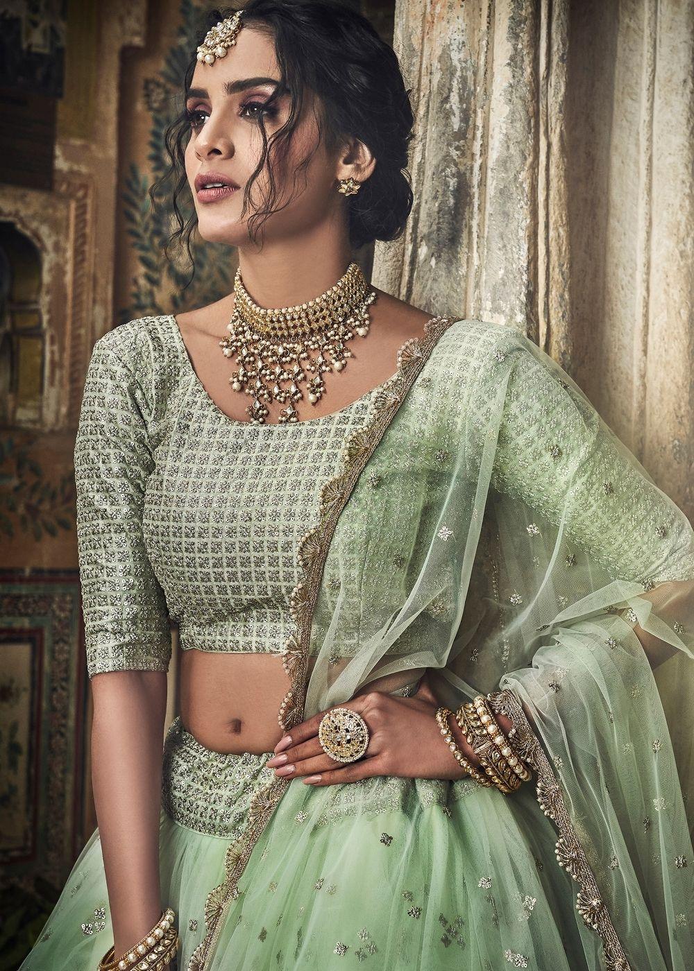 Sea Green Soft Net Lehenga with Sequins & Zari work - qivii