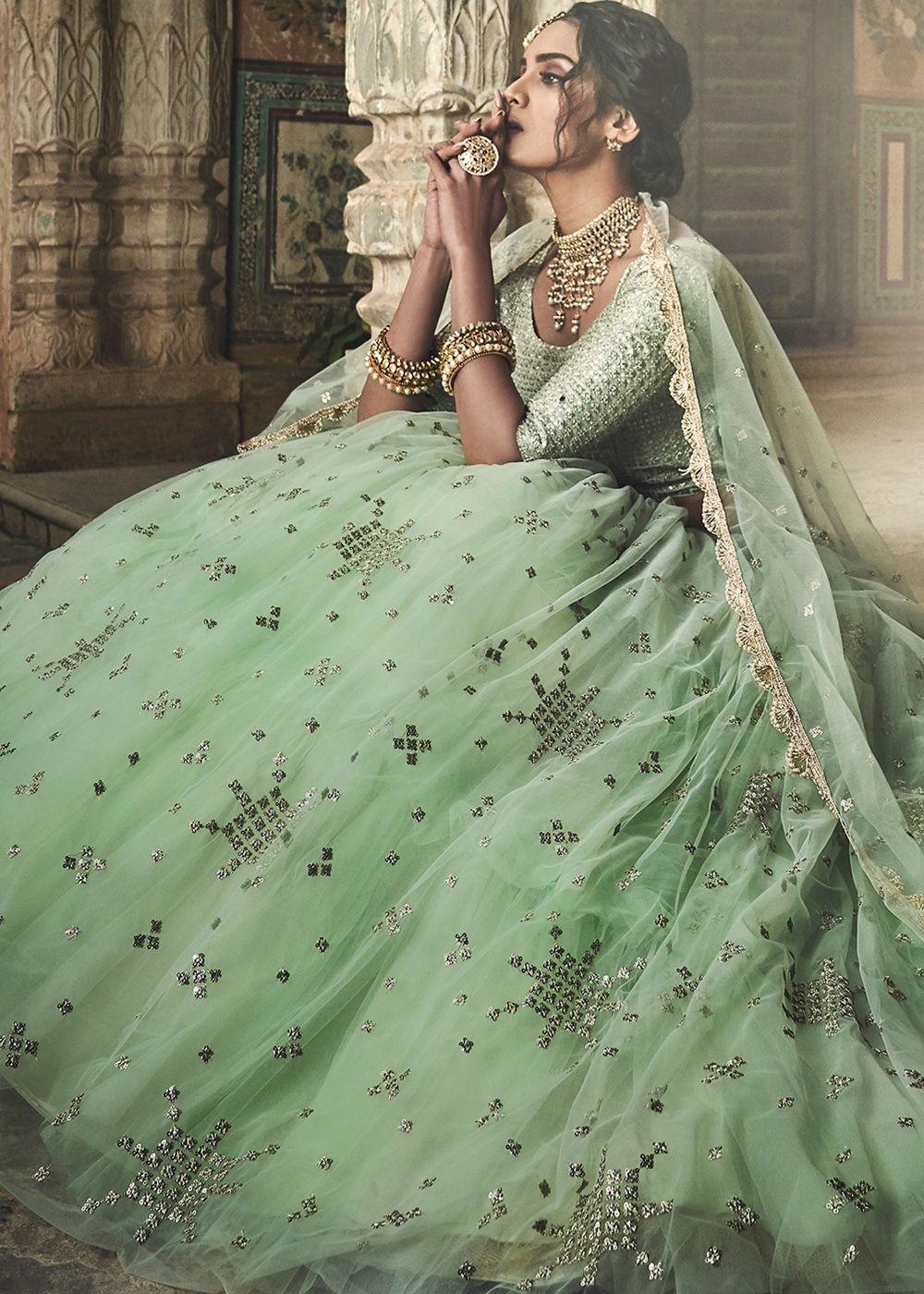 Sea Green Soft Net Lehenga with Sequins & Zari work - qivii