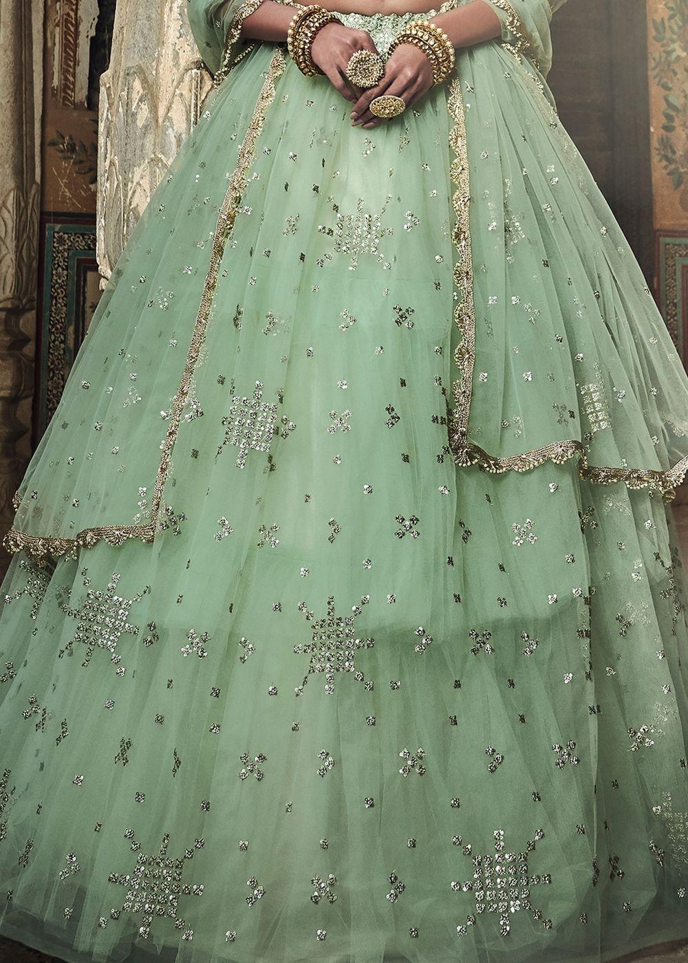 Sea Green Soft Net Lehenga with Sequins & Zari work - qivii