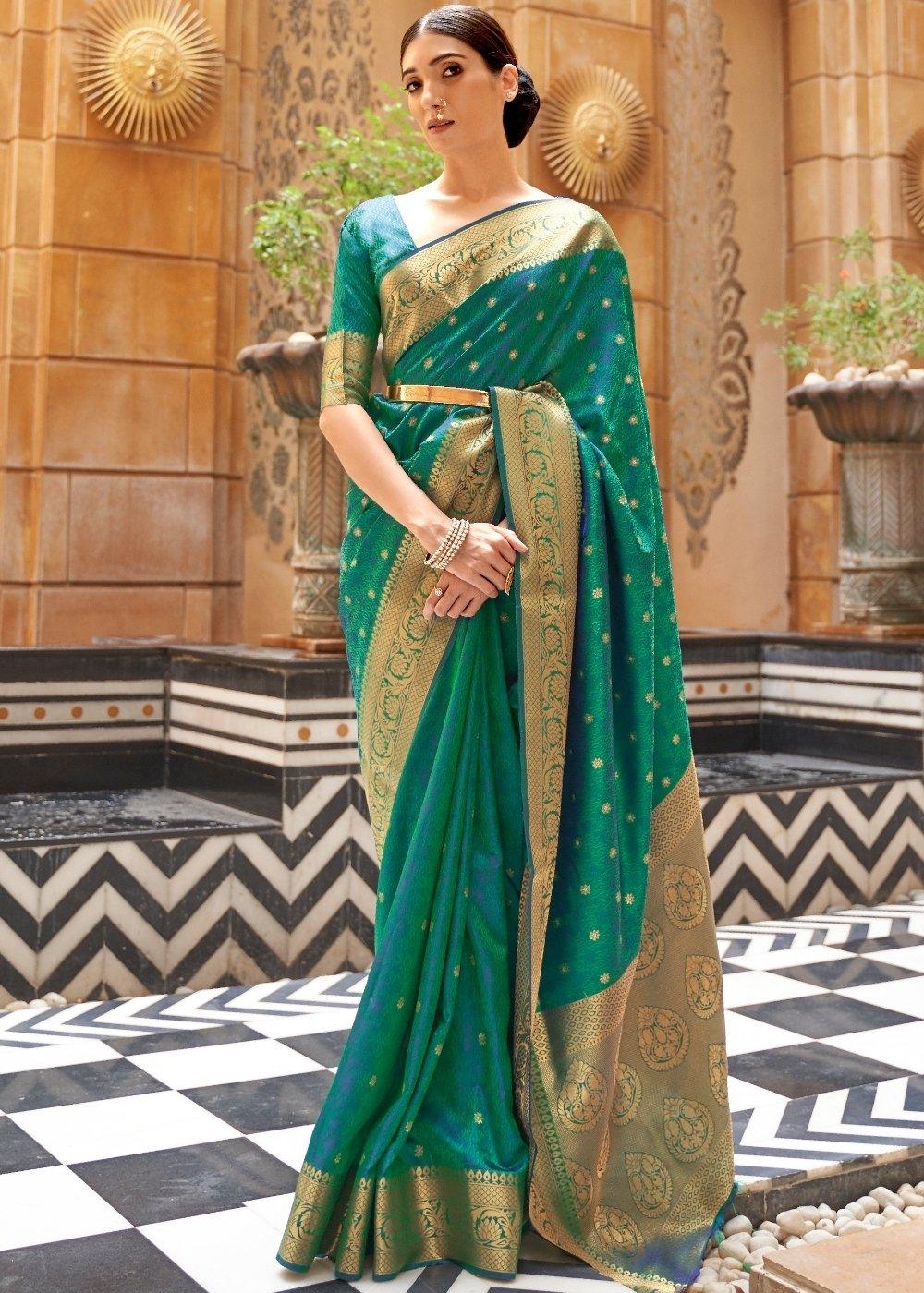 Sea Green Woven Kanjivaram Silk Saree : Top Pick | Stitched Blouse - qivii