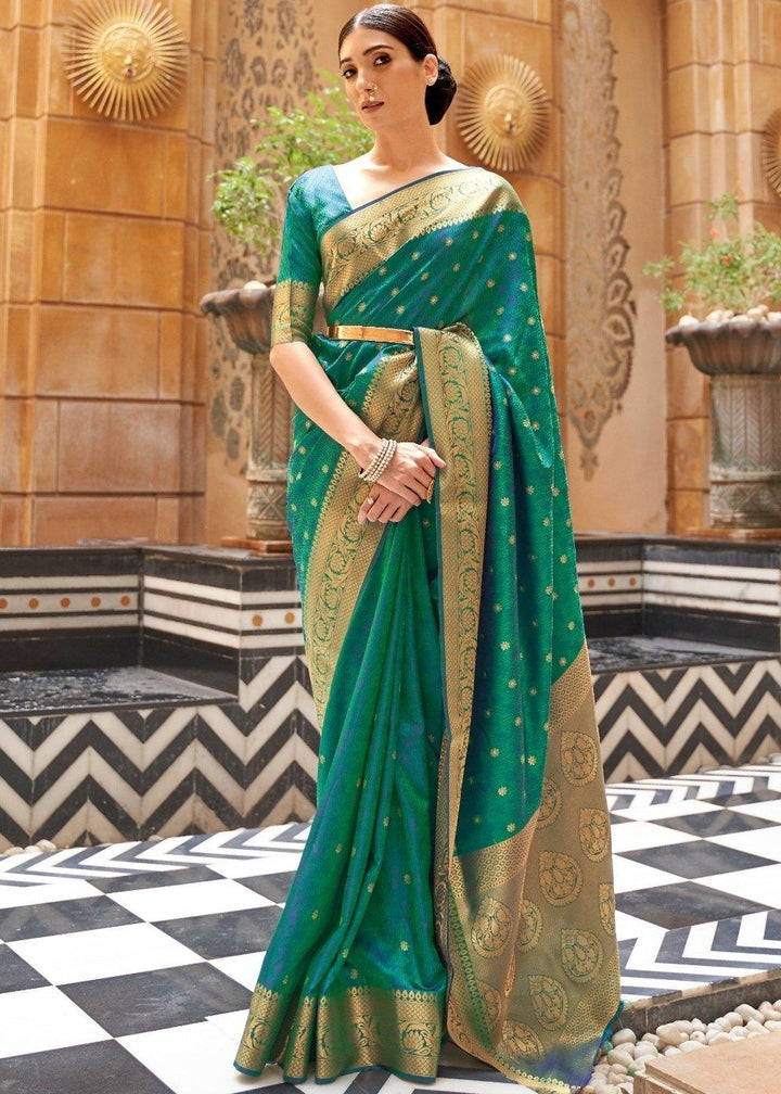 Sea Green Woven Kanjivaram Silk Saree : Top Pick | Stitched Blouse - qivii