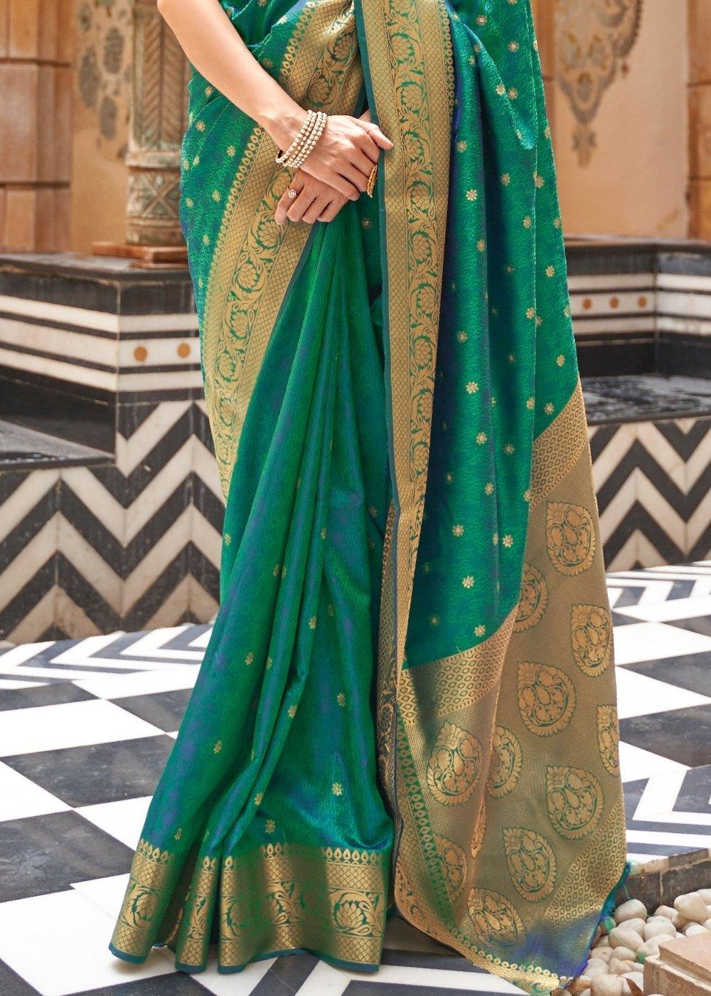 Sea Green Woven Kanjivaram Silk Saree : Top Pick | Stitched Blouse - qivii