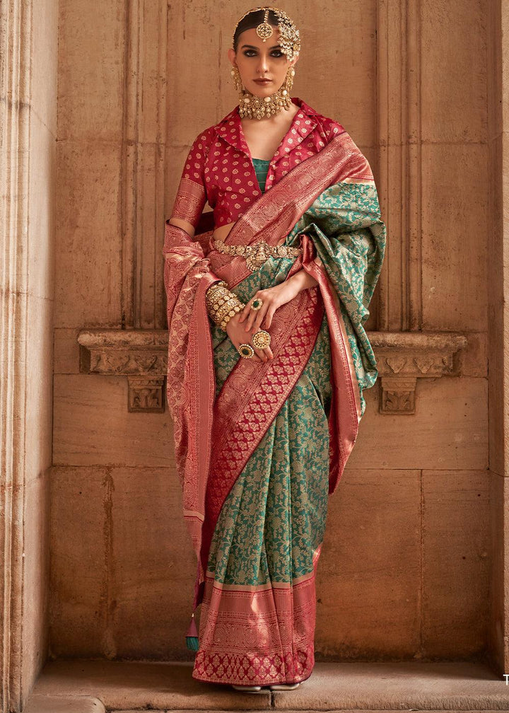 Sea Green Zari Woven Banarasi Silk Saree | Stitched Blouse - qivii