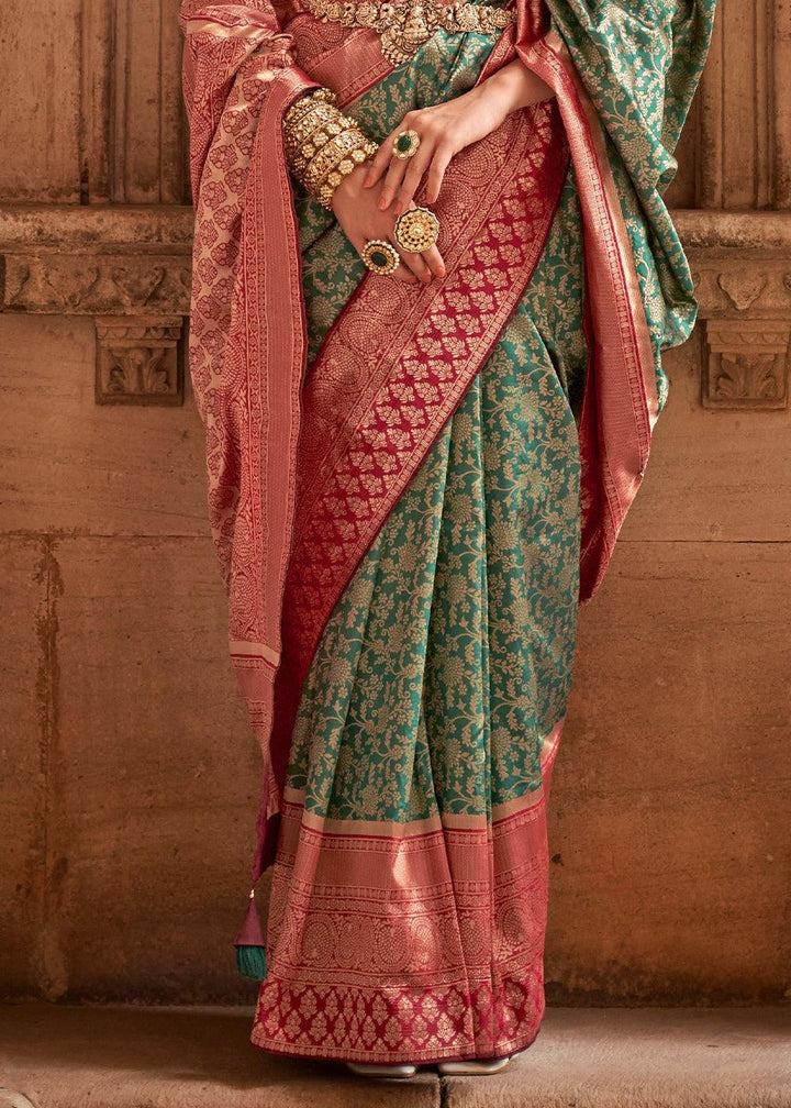 Sea Green Zari Woven Banarasi Silk Saree | Stitched Blouse - qivii