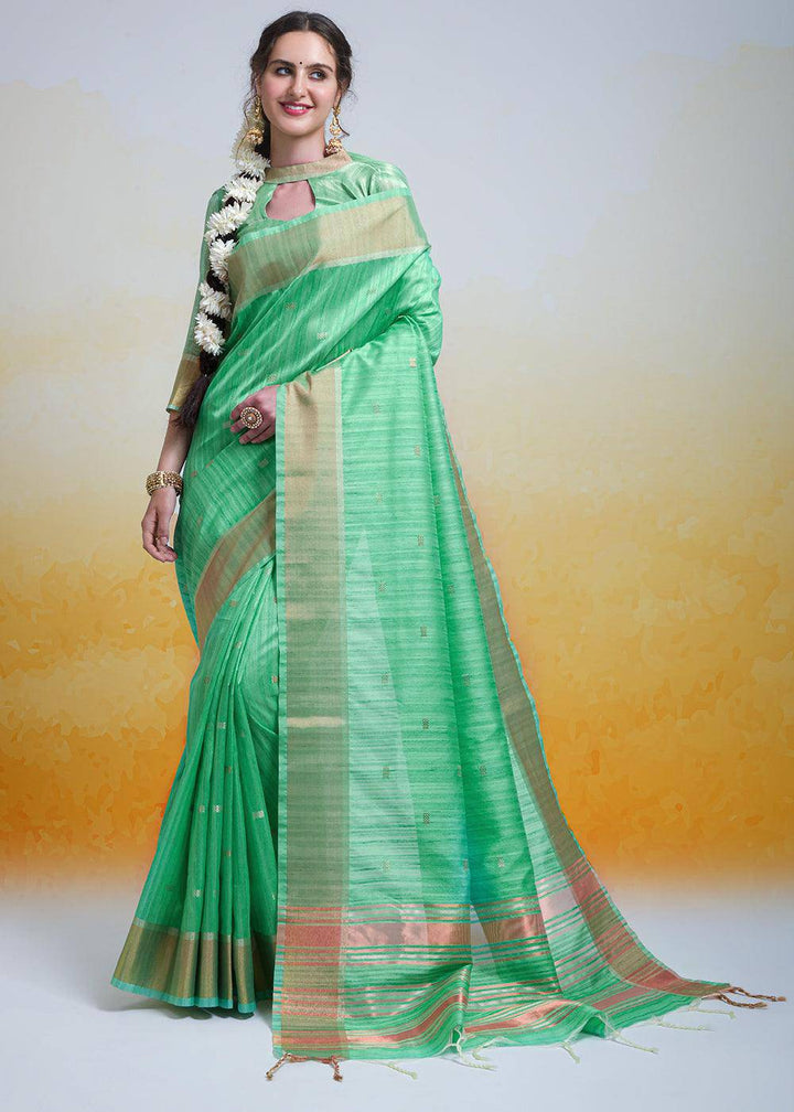 Sea Green Zari Woven Cotton Silk Saree | Stitched Blouse - qivii