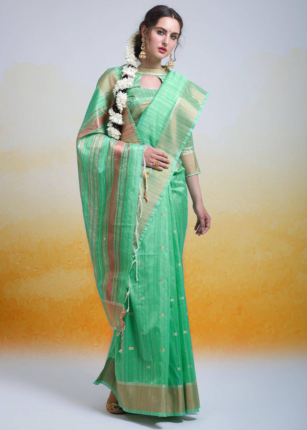 Sea Green Zari Woven Cotton Silk Saree | Stitched Blouse - qivii