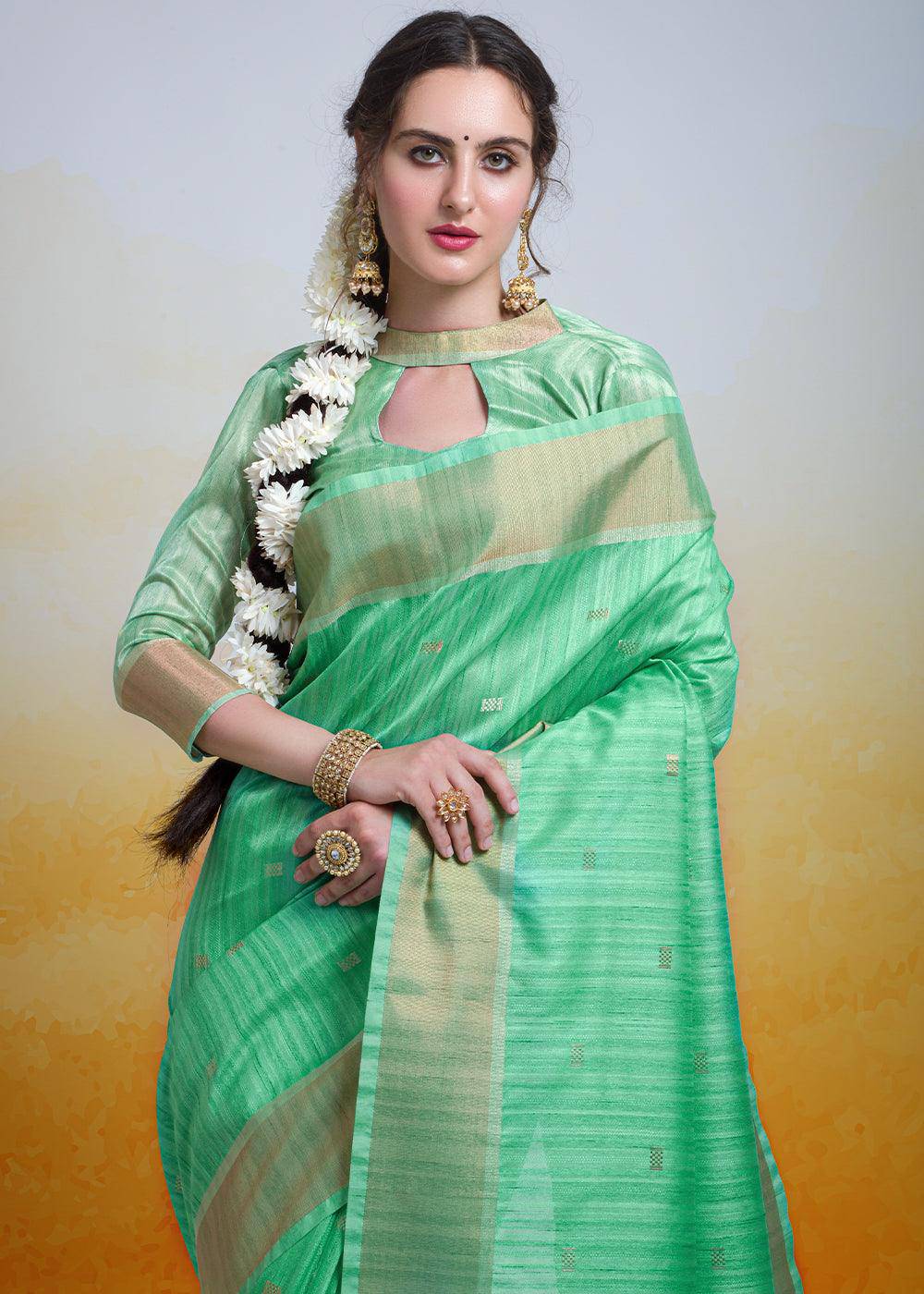 Sea Green Zari Woven Cotton Silk Saree | Stitched Blouse - qivii