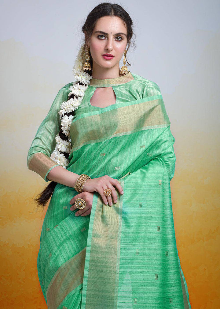 Sea Green Zari Woven Cotton Silk Saree | Stitched Blouse - qivii