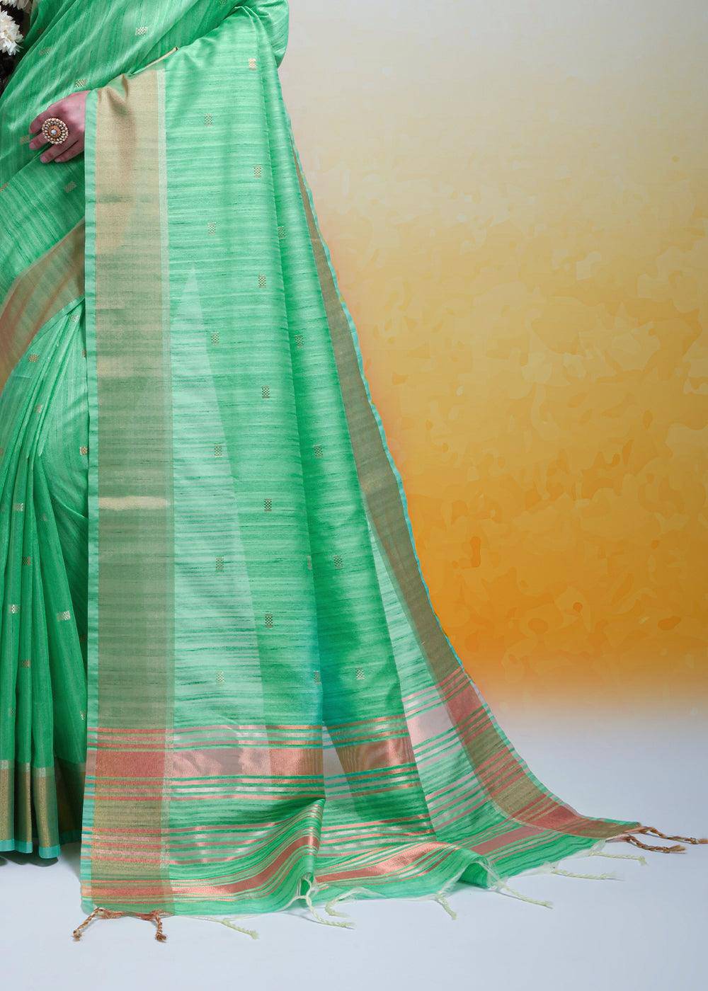 Sea Green Zari Woven Cotton Silk Saree | Stitched Blouse - qivii