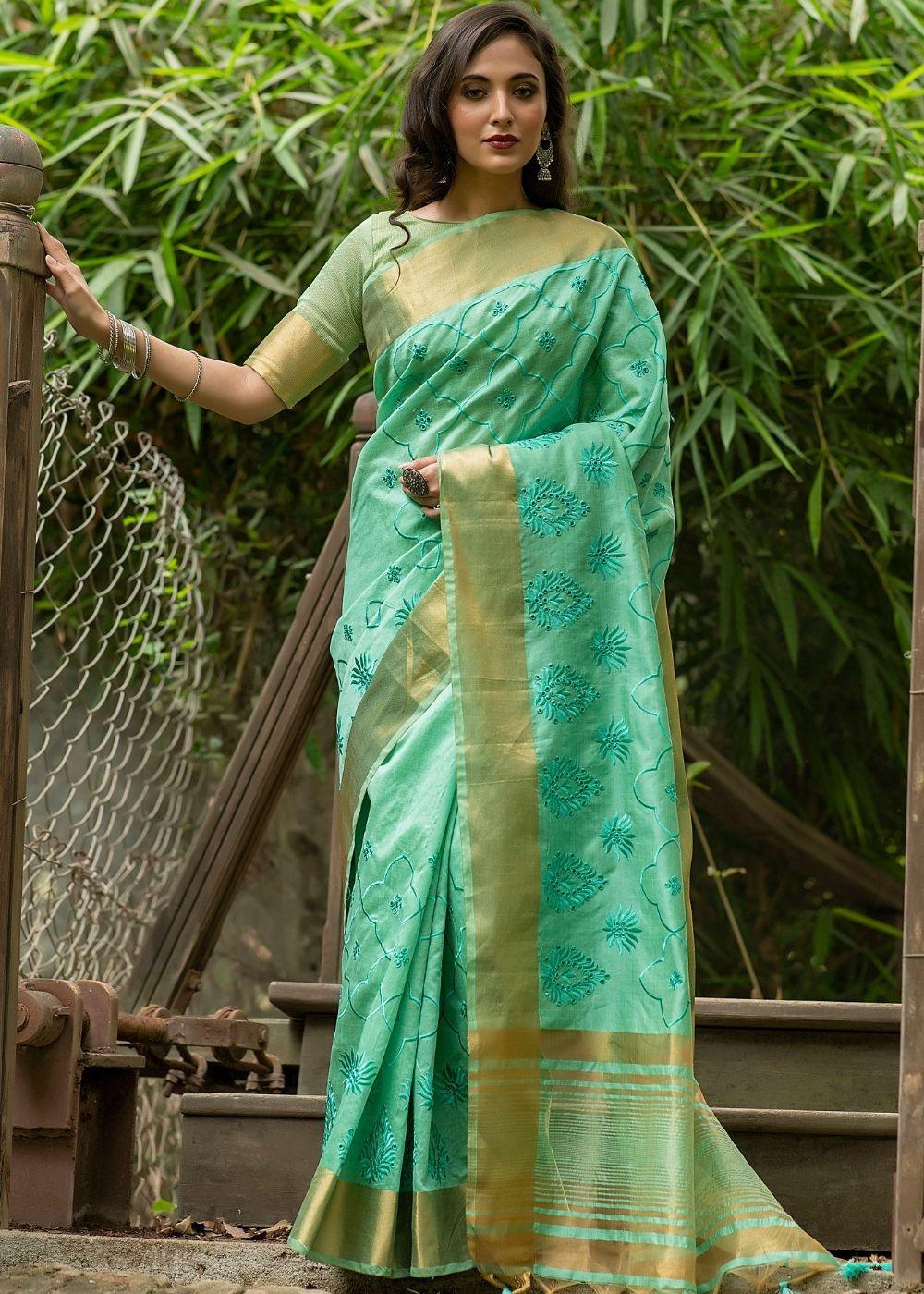 Seafoam Green Assam Silk Saree with Cut-Work Embroidery | Stitched Blouse - qivii