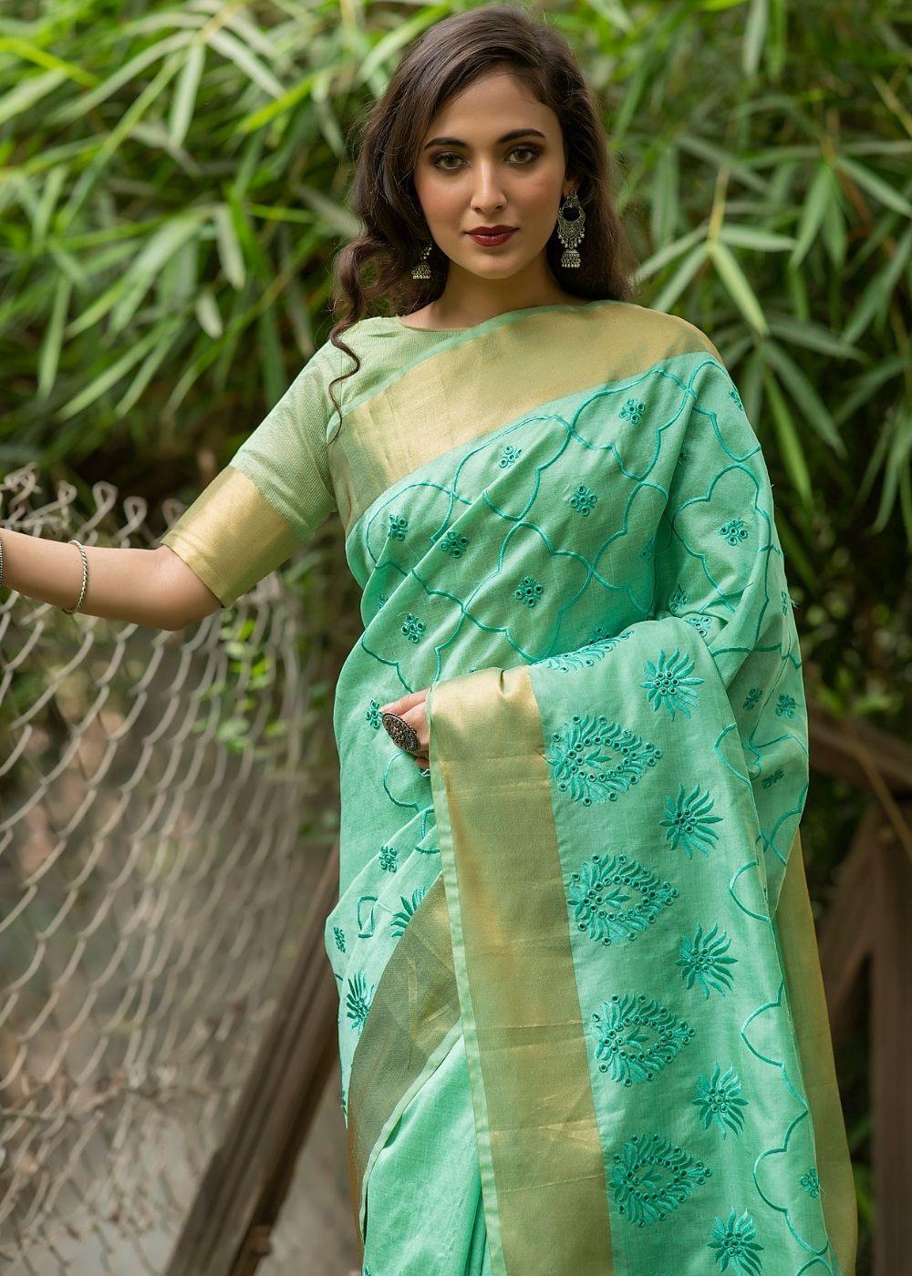 Seafoam Green Assam Silk Saree with Cut-Work Embroidery | Stitched Blouse - qivii