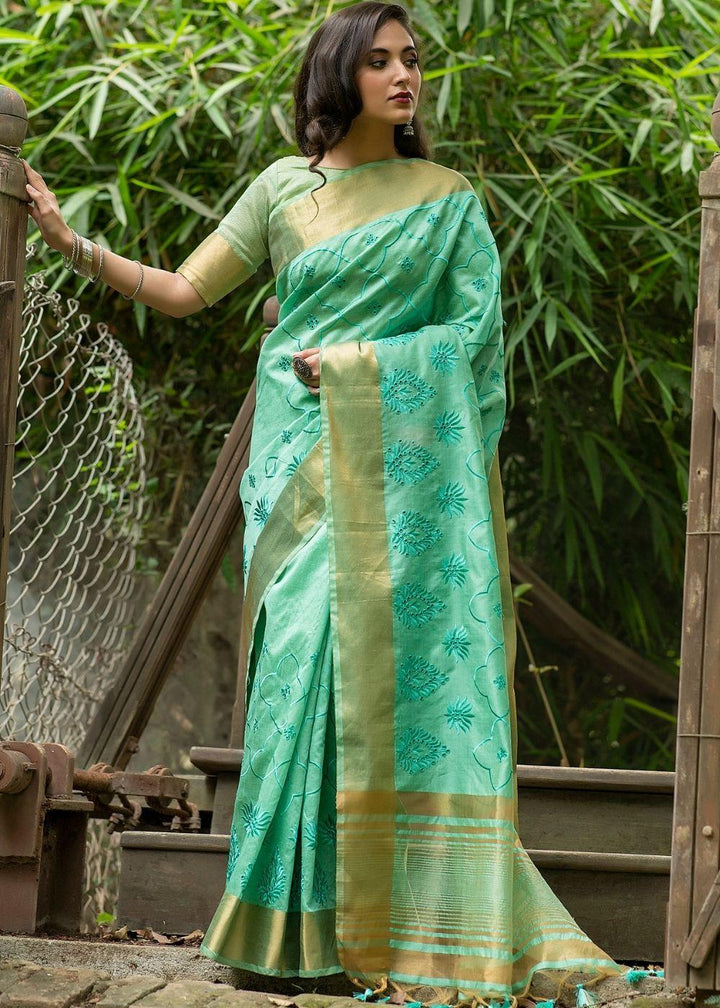 Seafoam Green Assam Silk Saree with Cut-Work Embroidery | Stitched Blouse - qivii