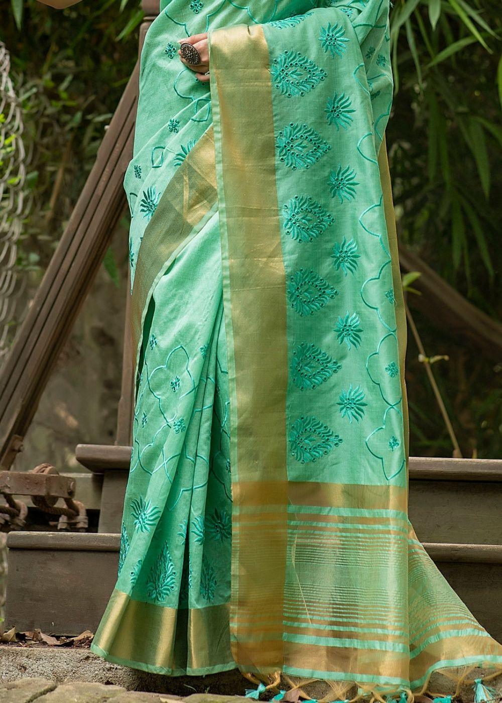 Seafoam Green Assam Silk Saree with Cut-Work Embroidery | Stitched Blouse - qivii