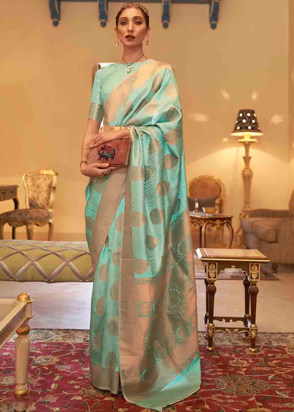 Seafoam Green Handloom Weave Banarasi Silk Saree | Stitched Blouse - qivii