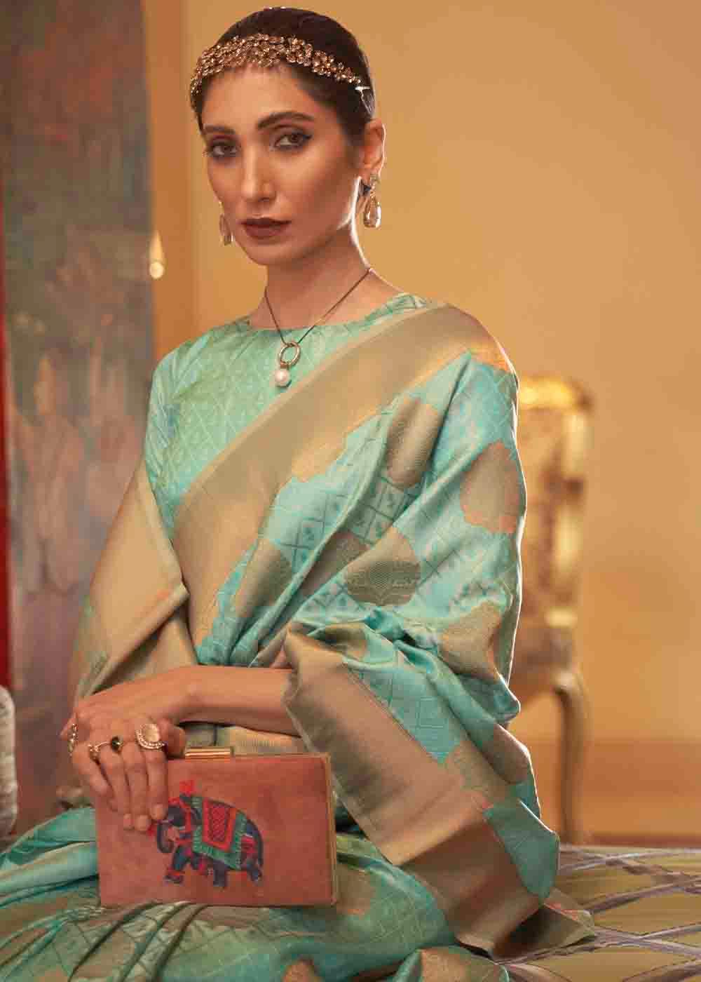 Seafoam Green Handloom Weave Banarasi Silk Saree | Stitched Blouse - qivii