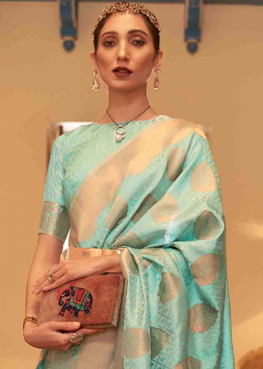 Seafoam Green Handloom Weave Banarasi Silk Saree | Stitched Blouse - qivii