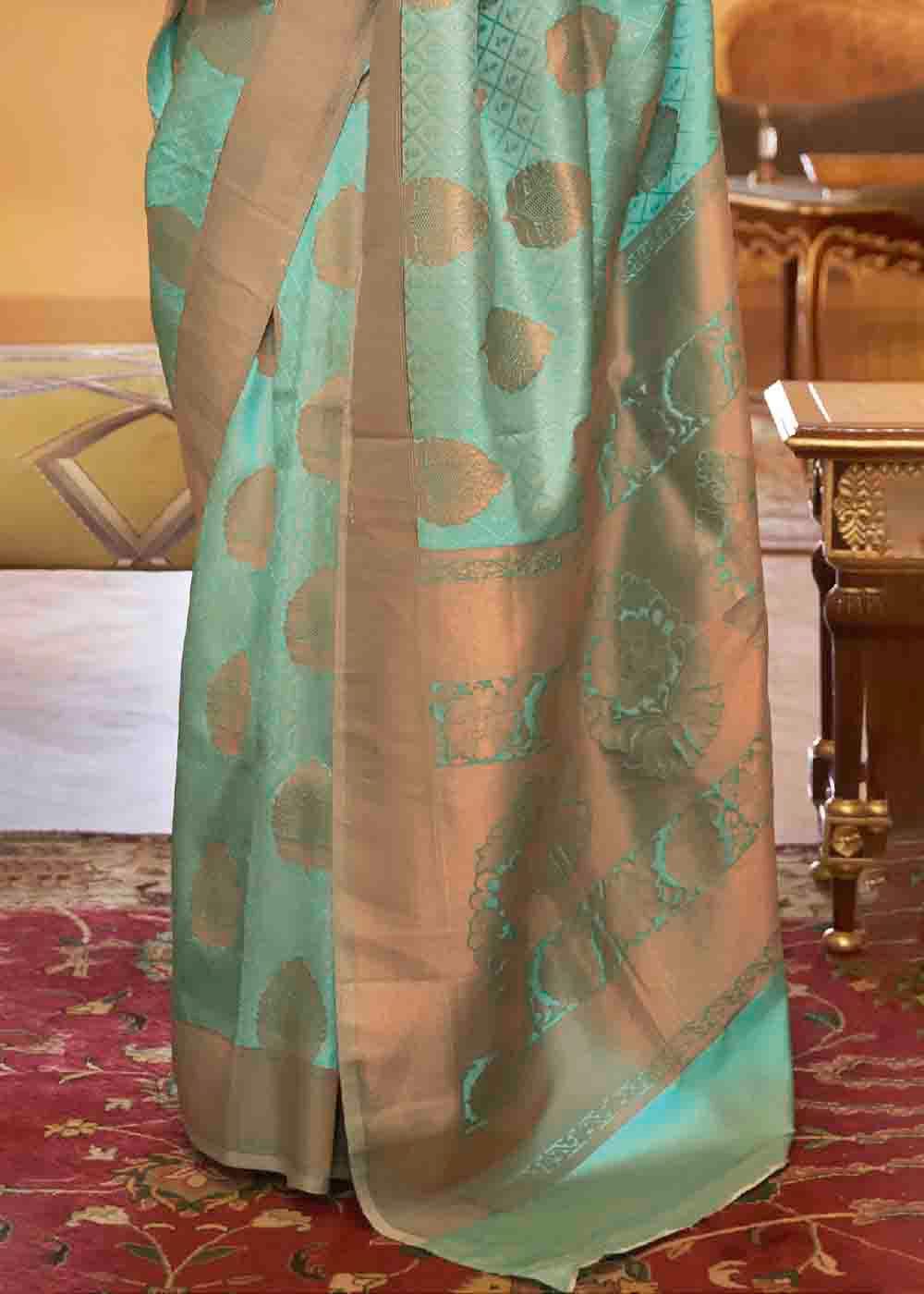 Seafoam Green Handloom Weave Banarasi Silk Saree | Stitched Blouse - qivii