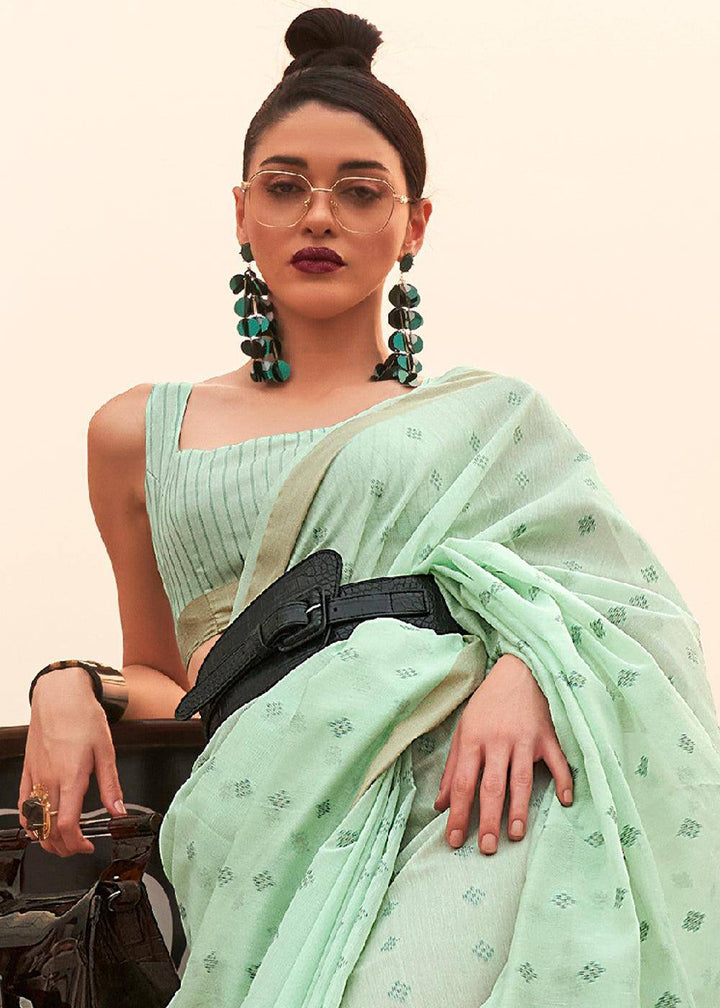 Seafoam Green Handloom Weaving Banarasi Cotton Silk Saree | Stitched Blouse - qivii