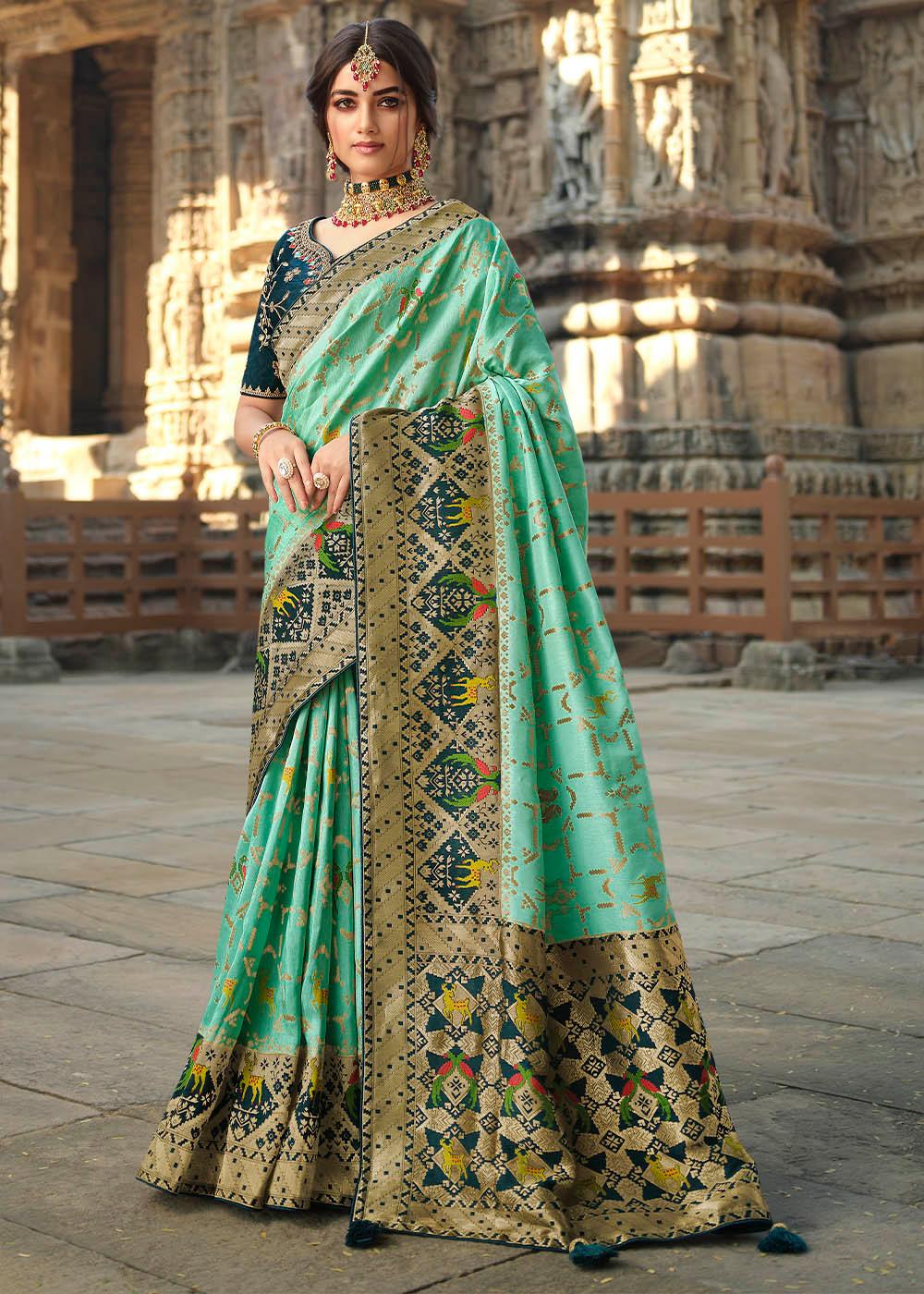 Seafoam Green Woven Banarasi Silk Saree with Embroidered Blouse | Stitched Blouse - qivii