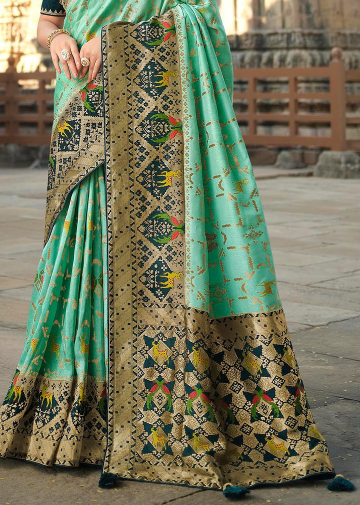 Seafoam Green Woven Banarasi Silk Saree with Embroidered Blouse | Stitched Blouse - qivii