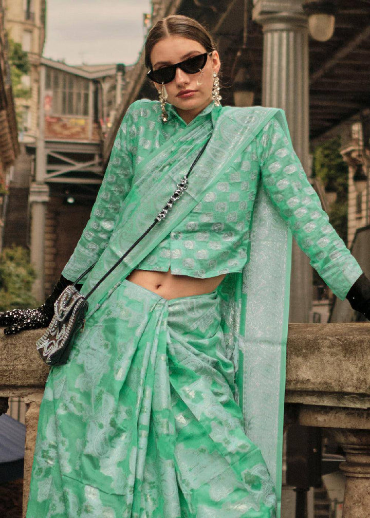 Seafoam Green Zari Handloom Woven Organza Silk Saree | Stitched Blouse - qivii