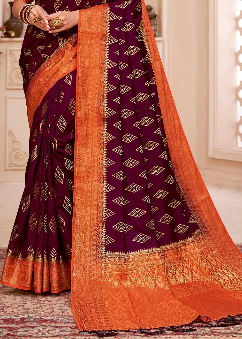 Seal Brown Woven Banarasi Silk Saree with Overall Butti work | Stitched Blouse - qivii