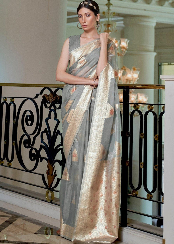 Seal Grey Banarasi-Chanderi Fusion Woven Silk Saree | Stitched Blouse - qivii