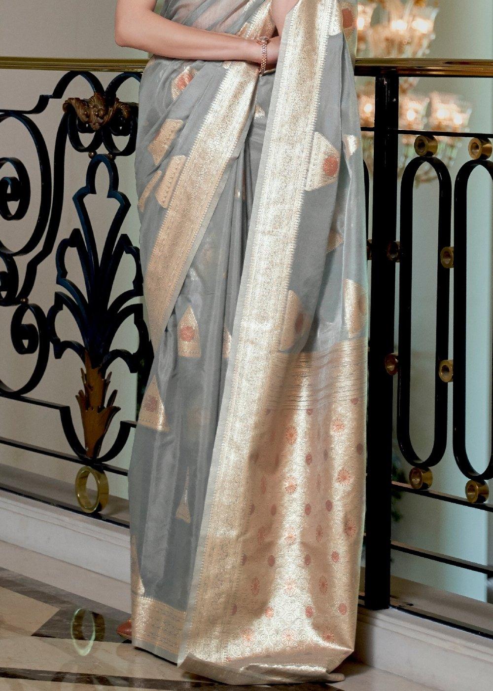 Seal Grey Banarasi-Chanderi Fusion Woven Silk Saree | Stitched Blouse - qivii