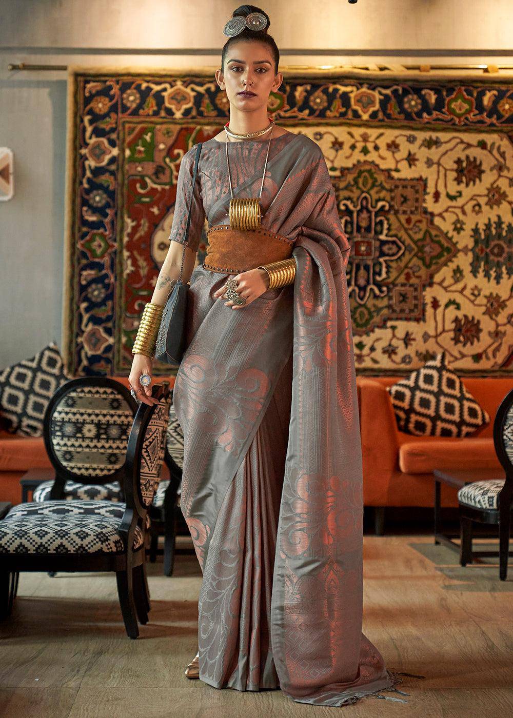 Seal Grey Copper Zari Handloom Weaving Silk Saree | Stitched Blouse - qivii