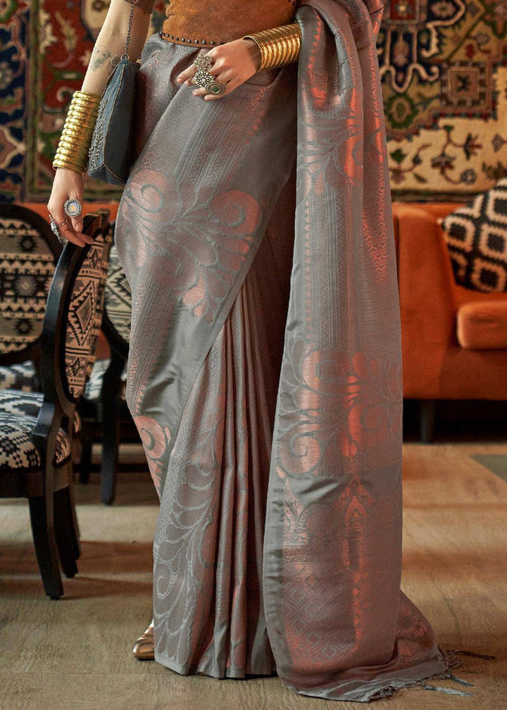 Seal Grey Copper Zari Handloom Weaving Silk Saree | Stitched Blouse - qivii