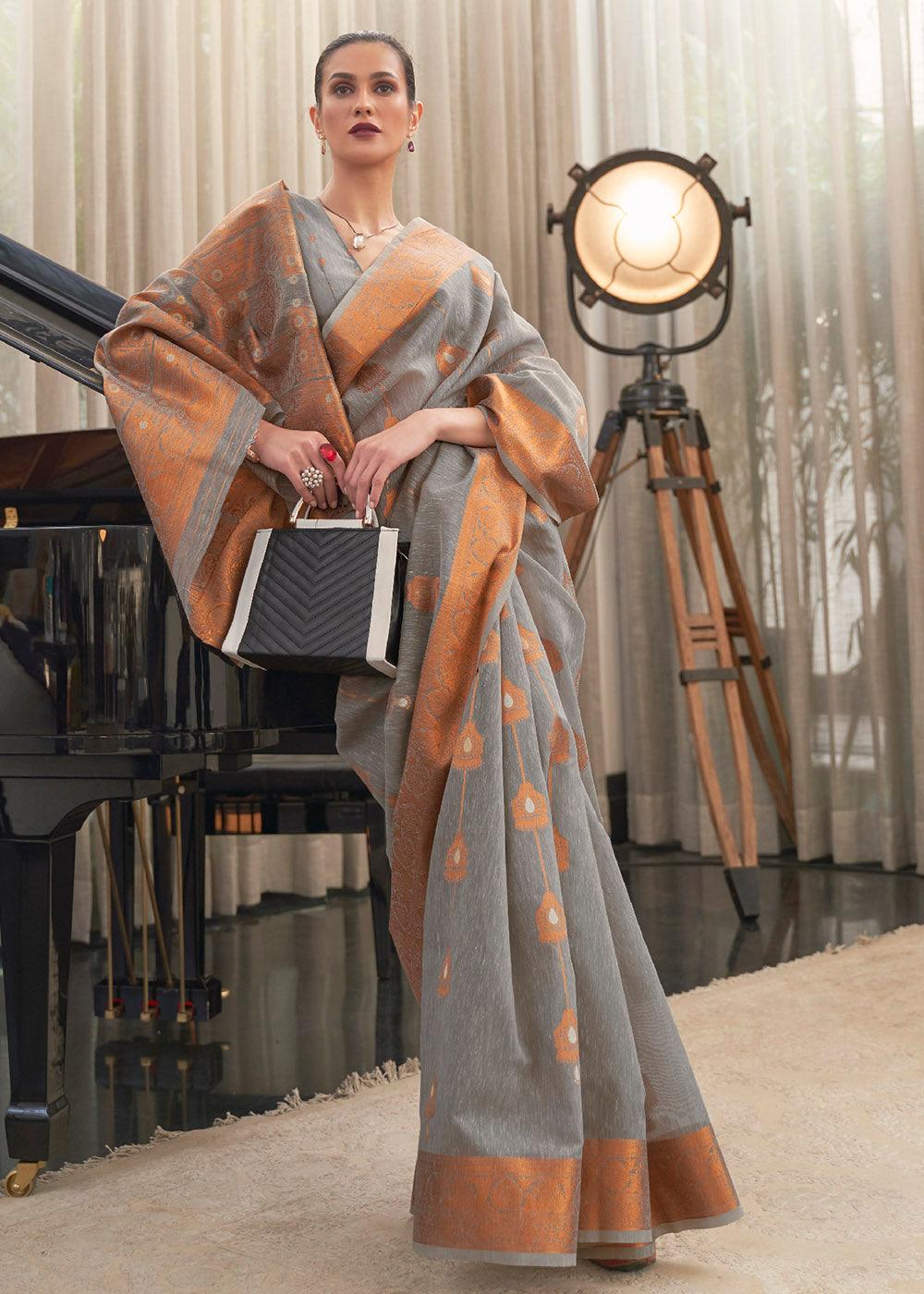 Seal Grey Copper Zari Woven Linen Silk Saree | Stitched Blouse - qivii