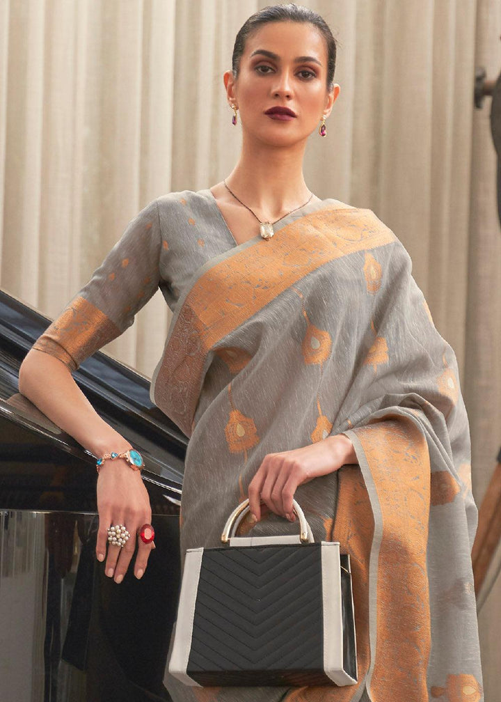 Seal Grey Copper Zari Woven Linen Silk Saree | Stitched Blouse - qivii