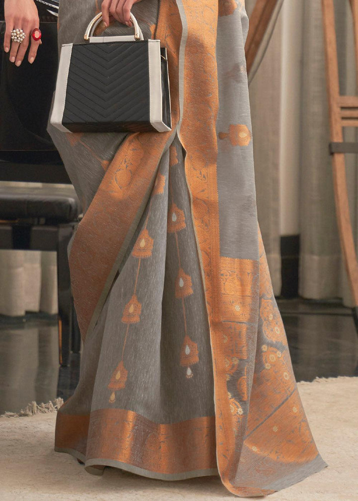 Seal Grey Copper Zari Woven Linen Silk Saree | Stitched Blouse - qivii