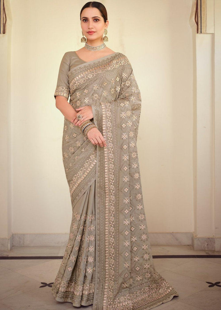 Seal Grey Designer Satin Georgette Saree with Gota & Resham work | Stitched Blouse - qivii