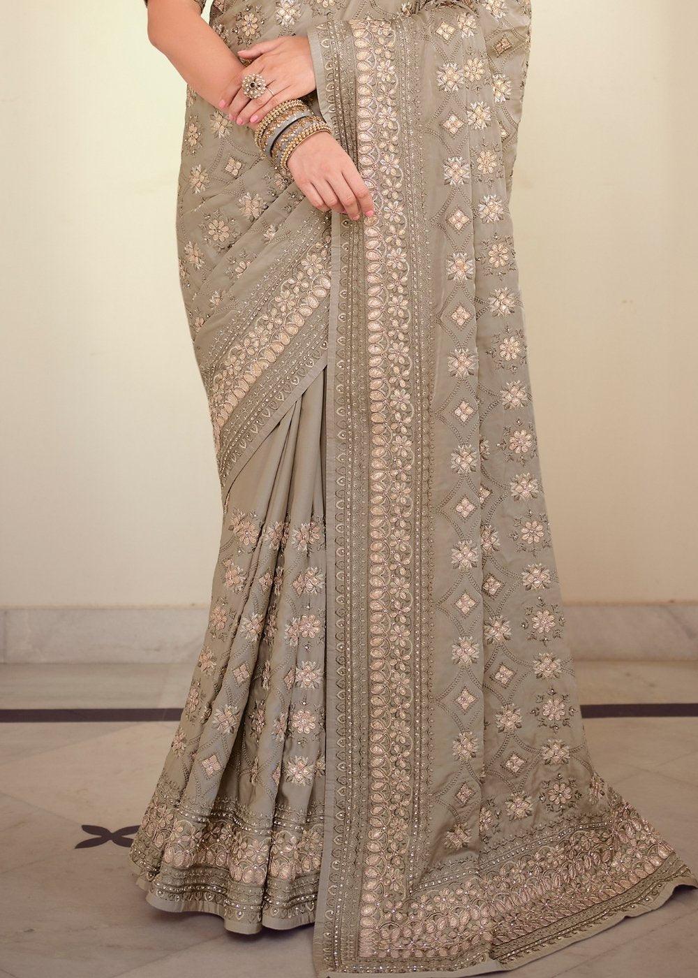 Seal Grey Designer Satin Georgette Saree with Gota & Resham work | Stitched Blouse - qivii