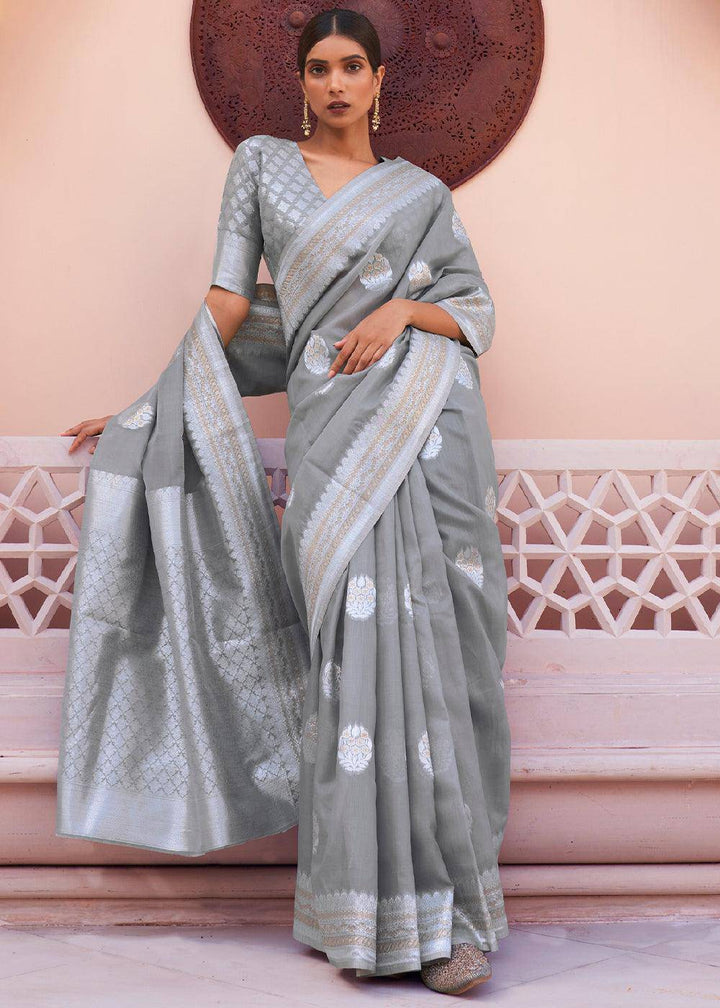 Seal Grey Woven Linen Silk Saree | Stitched Blouse - qivii