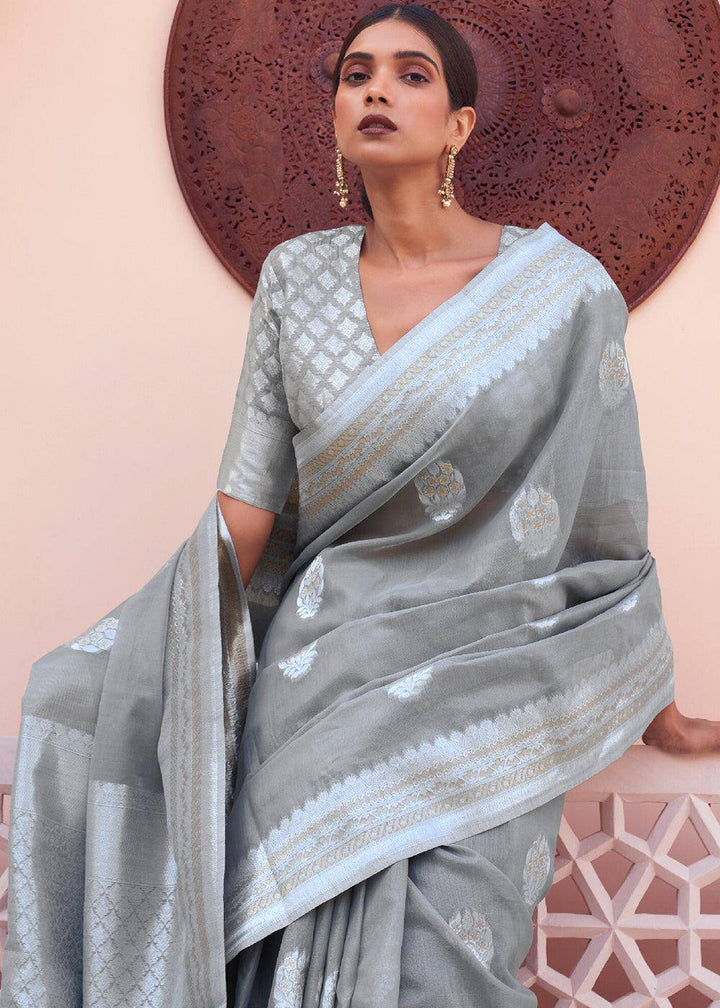 Seal Grey Woven Linen Silk Saree | Stitched Blouse - qivii