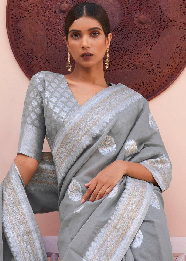 Seal Grey Woven Linen Silk Saree | Stitched Blouse - qivii