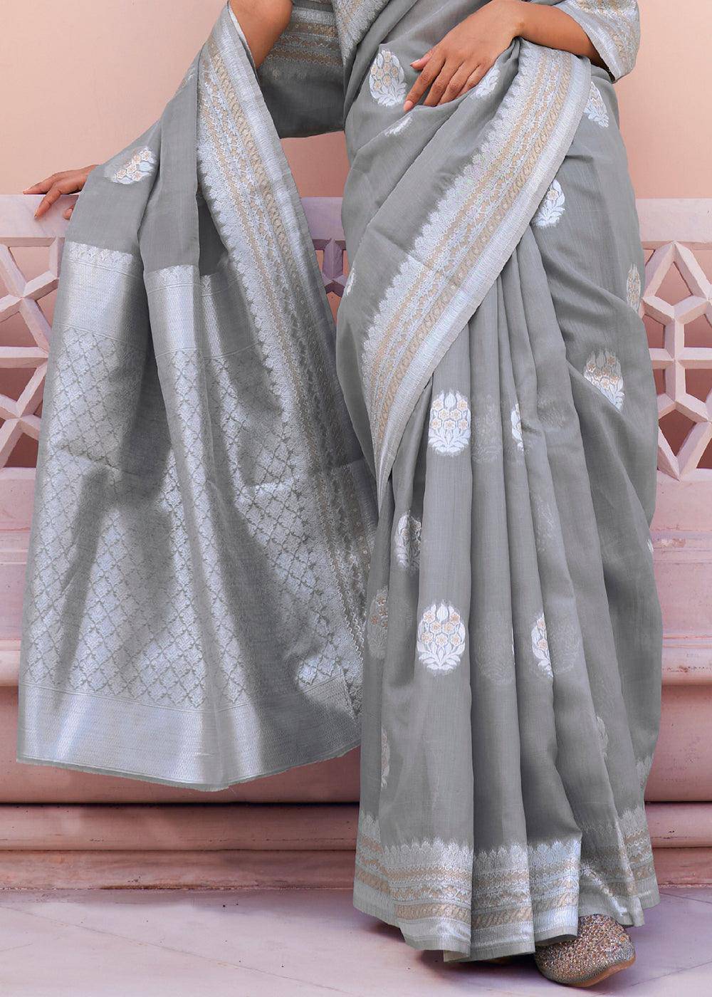 Seal Grey Woven Linen Silk Saree | Stitched Blouse - qivii