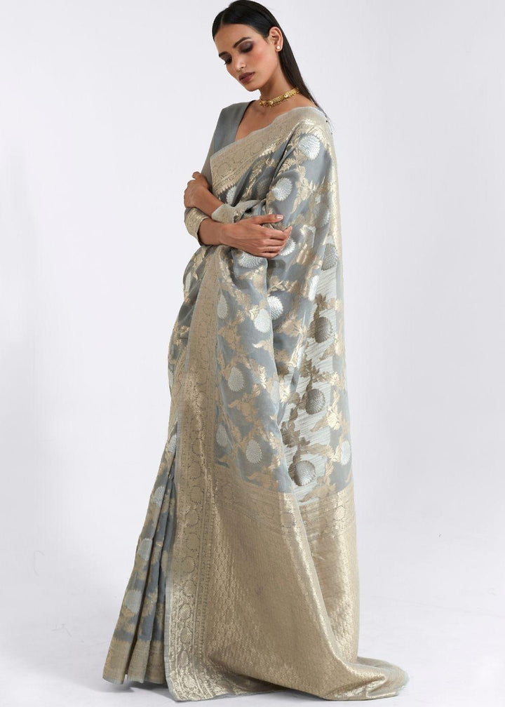 Seal Grey Zari Woven Linen Silk Saree - qivii