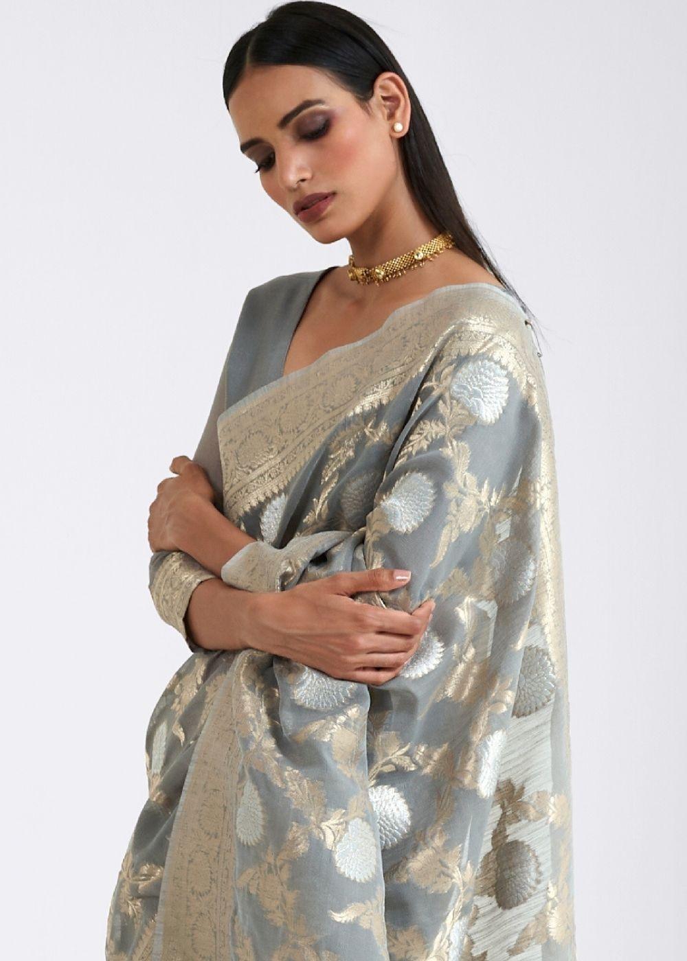 Seal Grey Zari Woven Linen Silk Saree - qivii