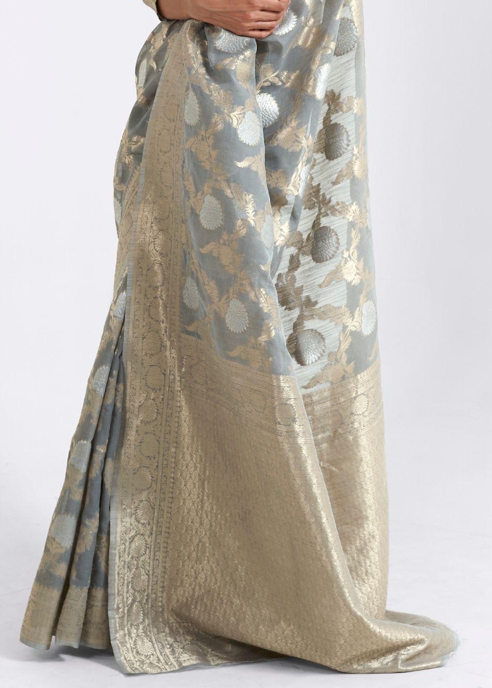 Seal Grey Zari Woven Linen Silk Saree - qivii