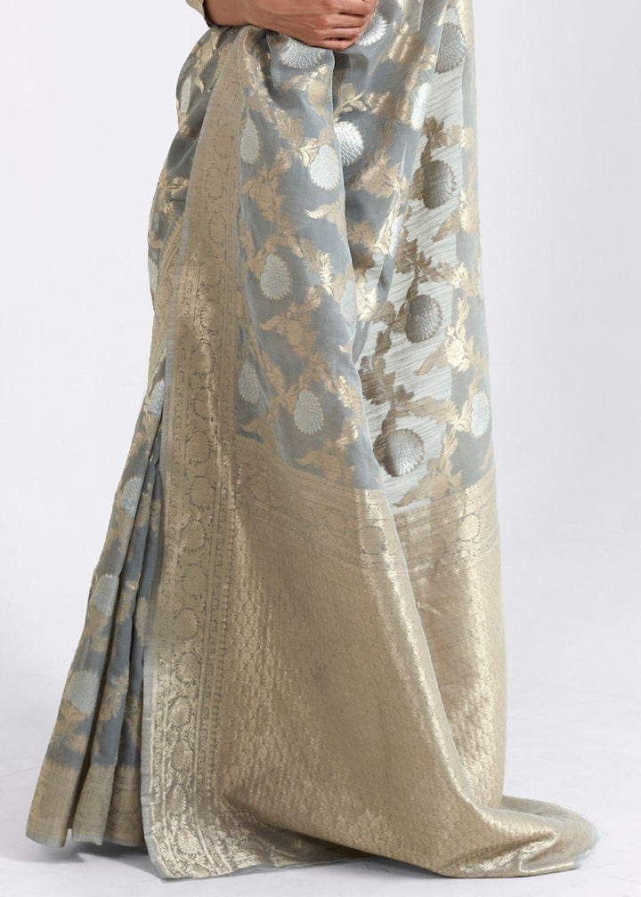 Seal Grey Zari Woven Linen Silk Saree - qivii