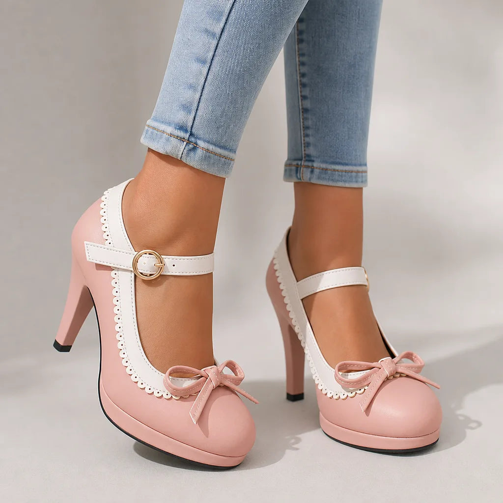 Pink Seraphina women's orthopedic bow Mary Jane heels by Hudson Ridge, stylish and comfortable footwear for women.