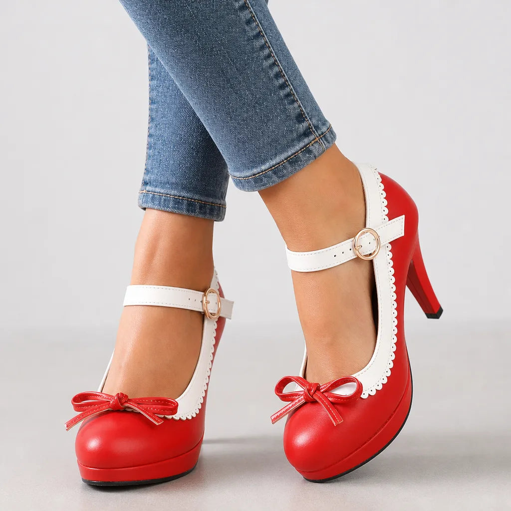 Red Seraphina women's orthopedic bow Mary Jane heels by Qivii, stylish and comfortable footwear for women.